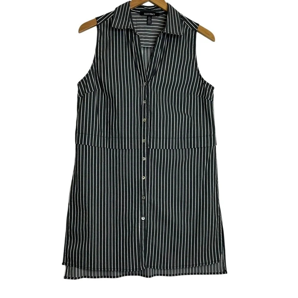 Ellen Tracy Button Front Shirt Dress Size MED Striped Sleeveless Charcoal Gray